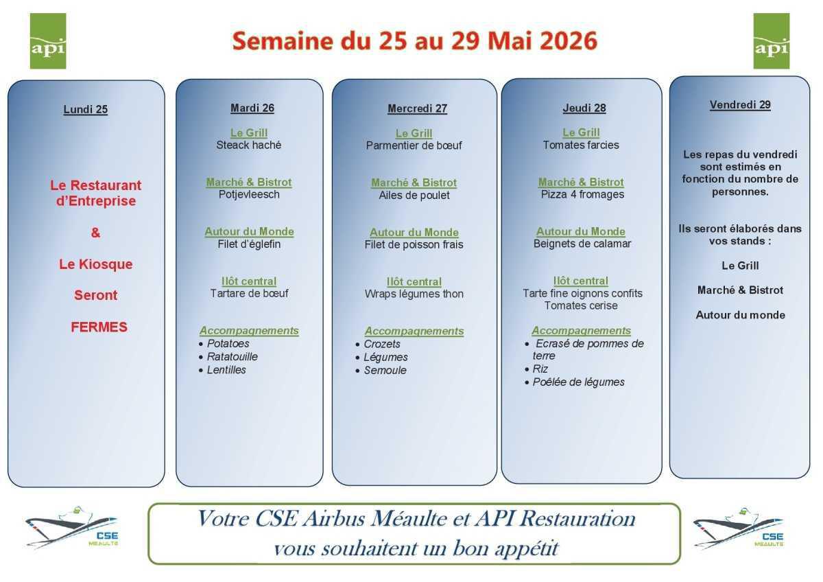 Menu du 25 au 29 Mai 2026