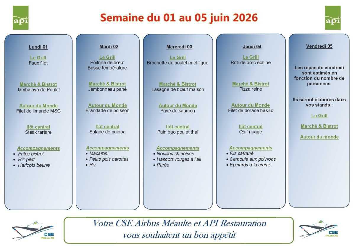 Menu du 1er au 5 juin 2026