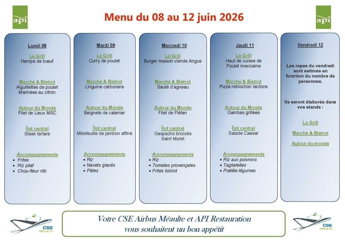 Menu du 08 au 12 juin 2026