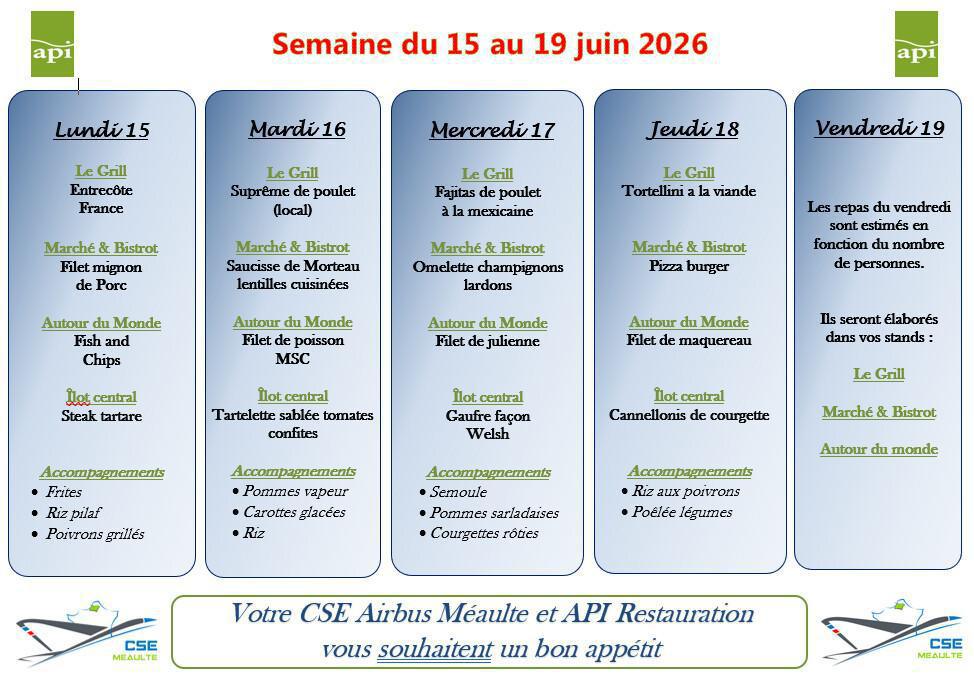 Menu du 15 au 19 juin 2026