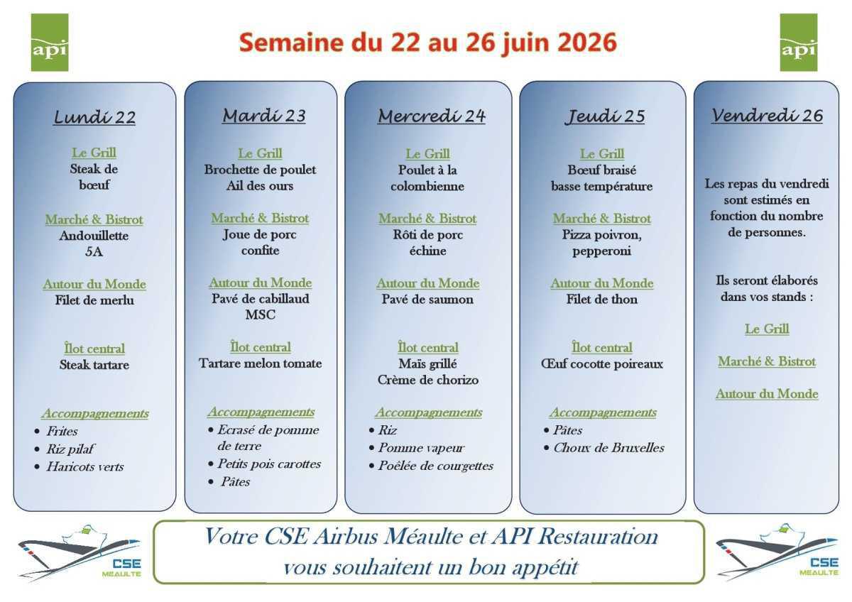 Menu du 22 au 26 juin 2026