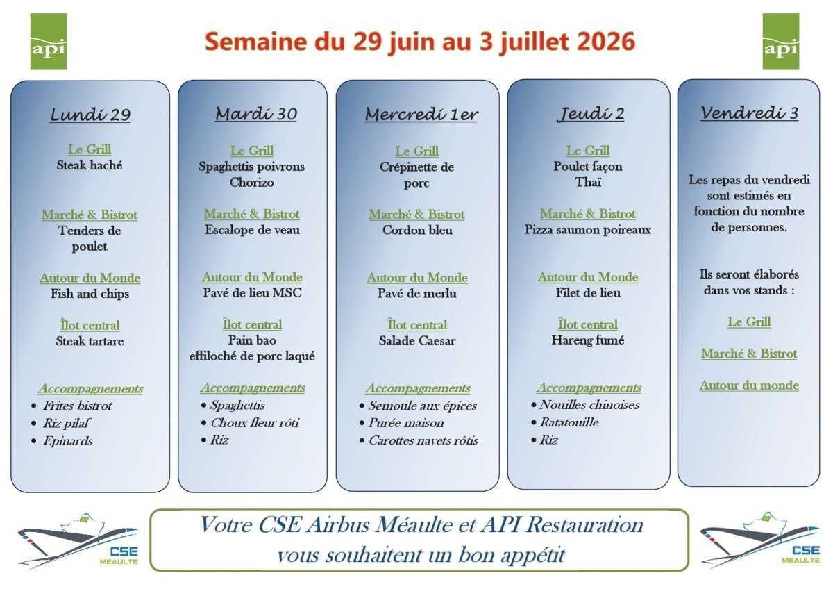 Menu du 29 juin au 3 juillet 2026