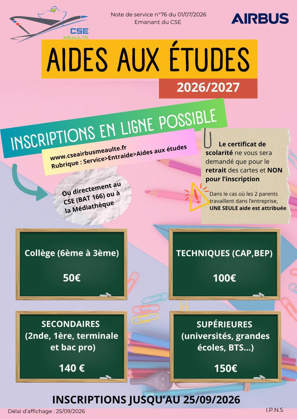 Note de service " Aides aux études"