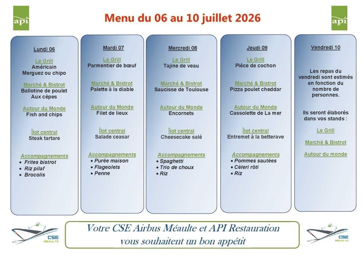 Menu du 06 au 10 juillet 2026