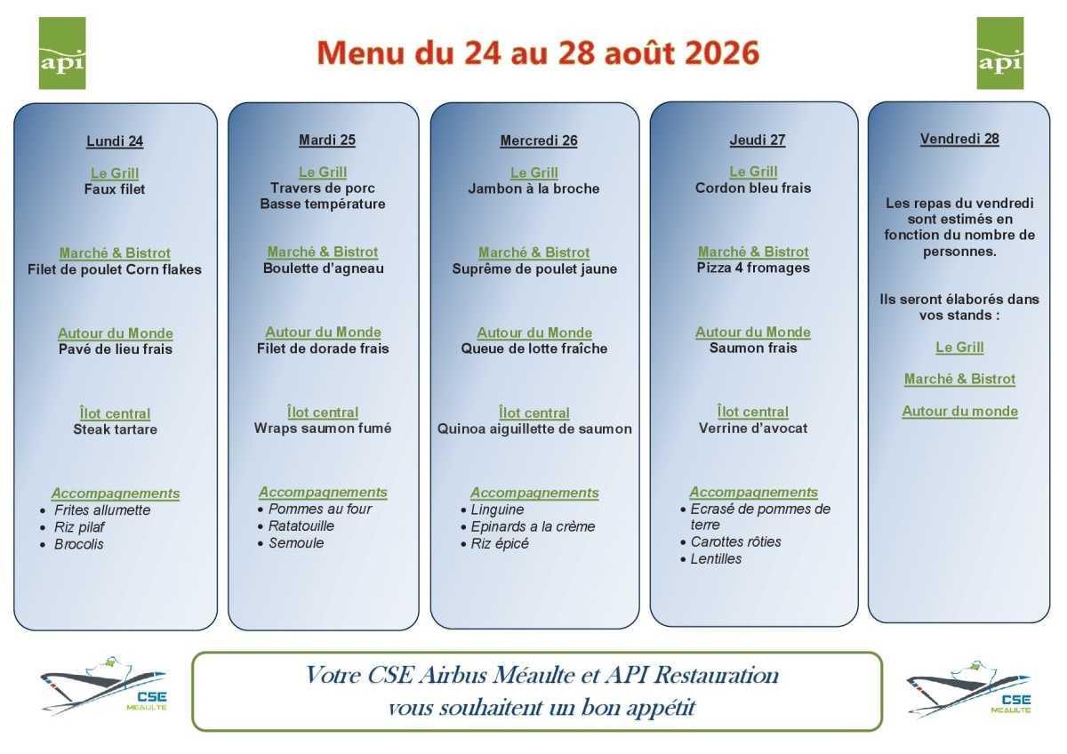 Menu du 24 au 28 août 2026