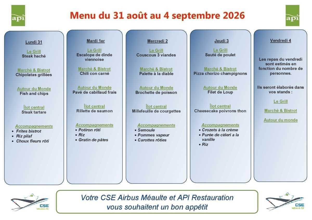 Menu du 31 août au 4 septembre 2026