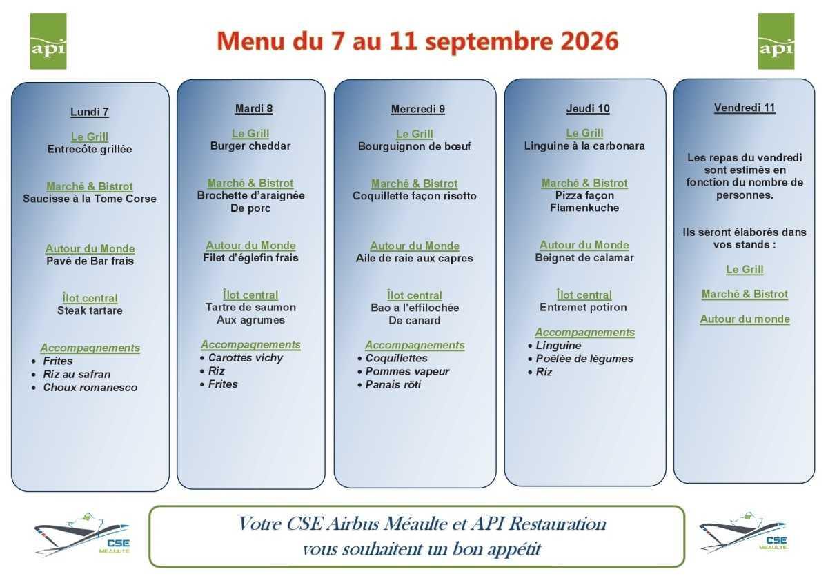 Menu du 7 au 11 septembre 2026