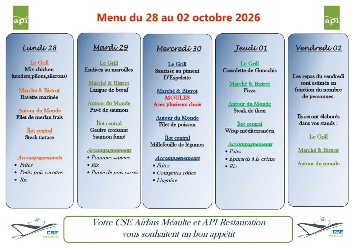 Menu du 28 septembre au 02 octobre 2026