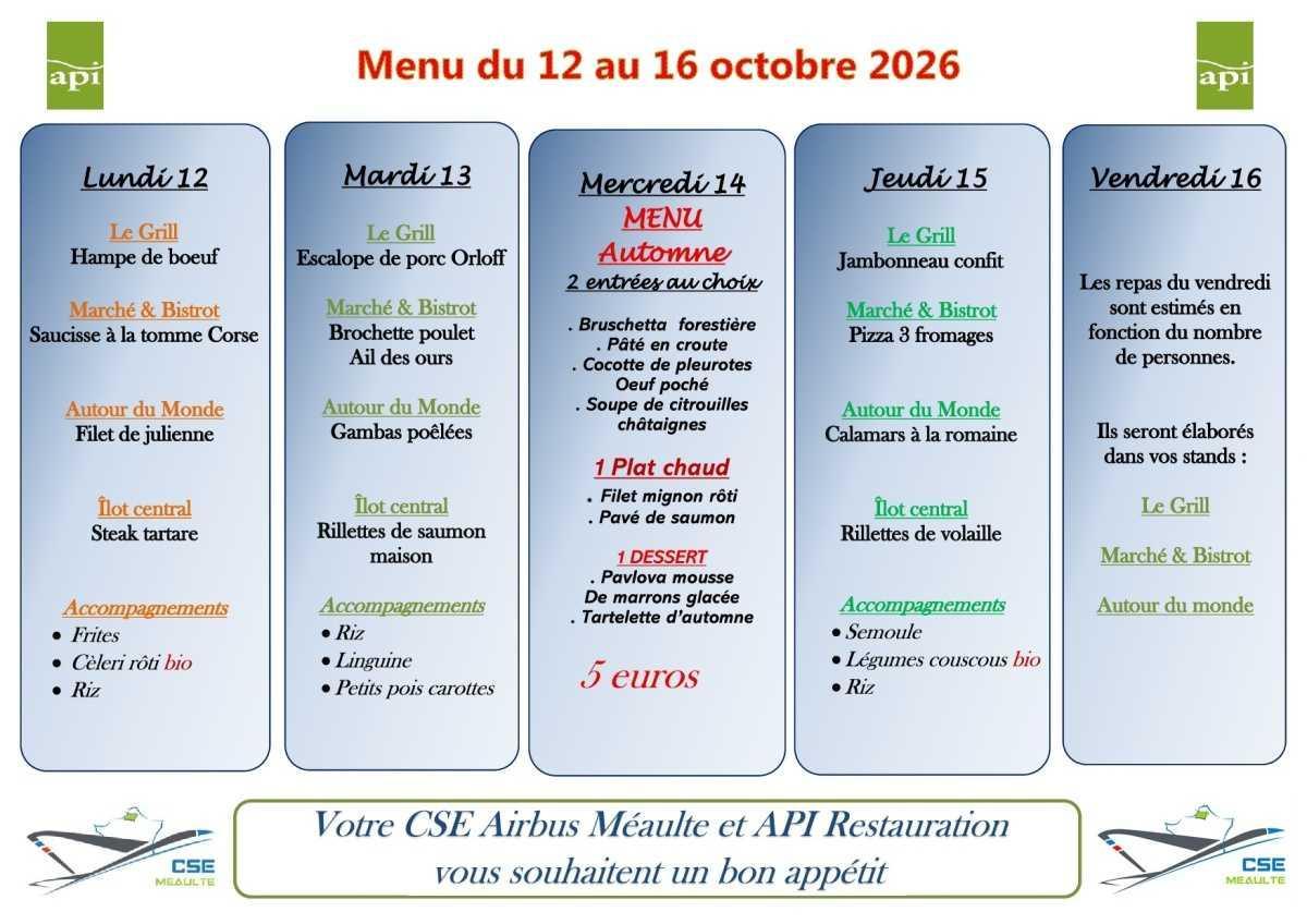 Menu du 12 au 16 octobre 2026