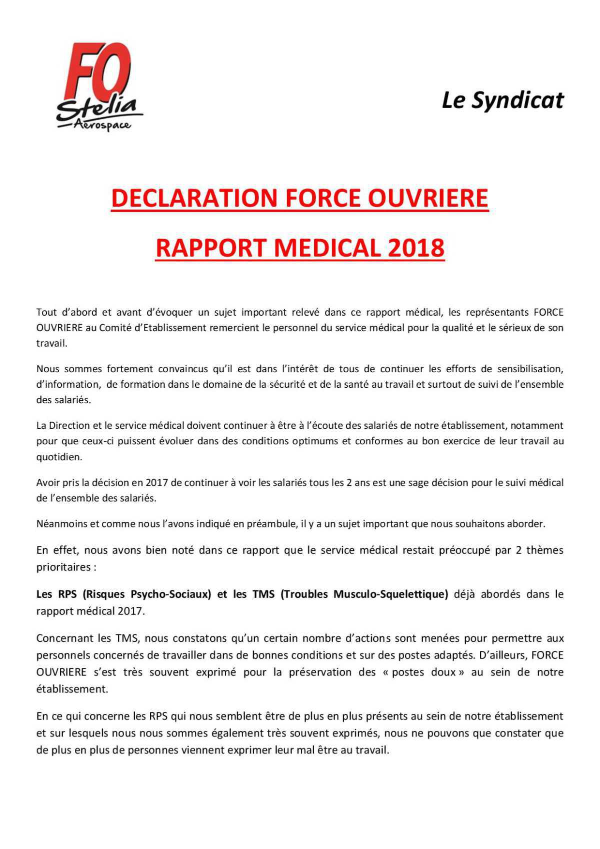 Déclaration FO sur le rapport Médical 2018