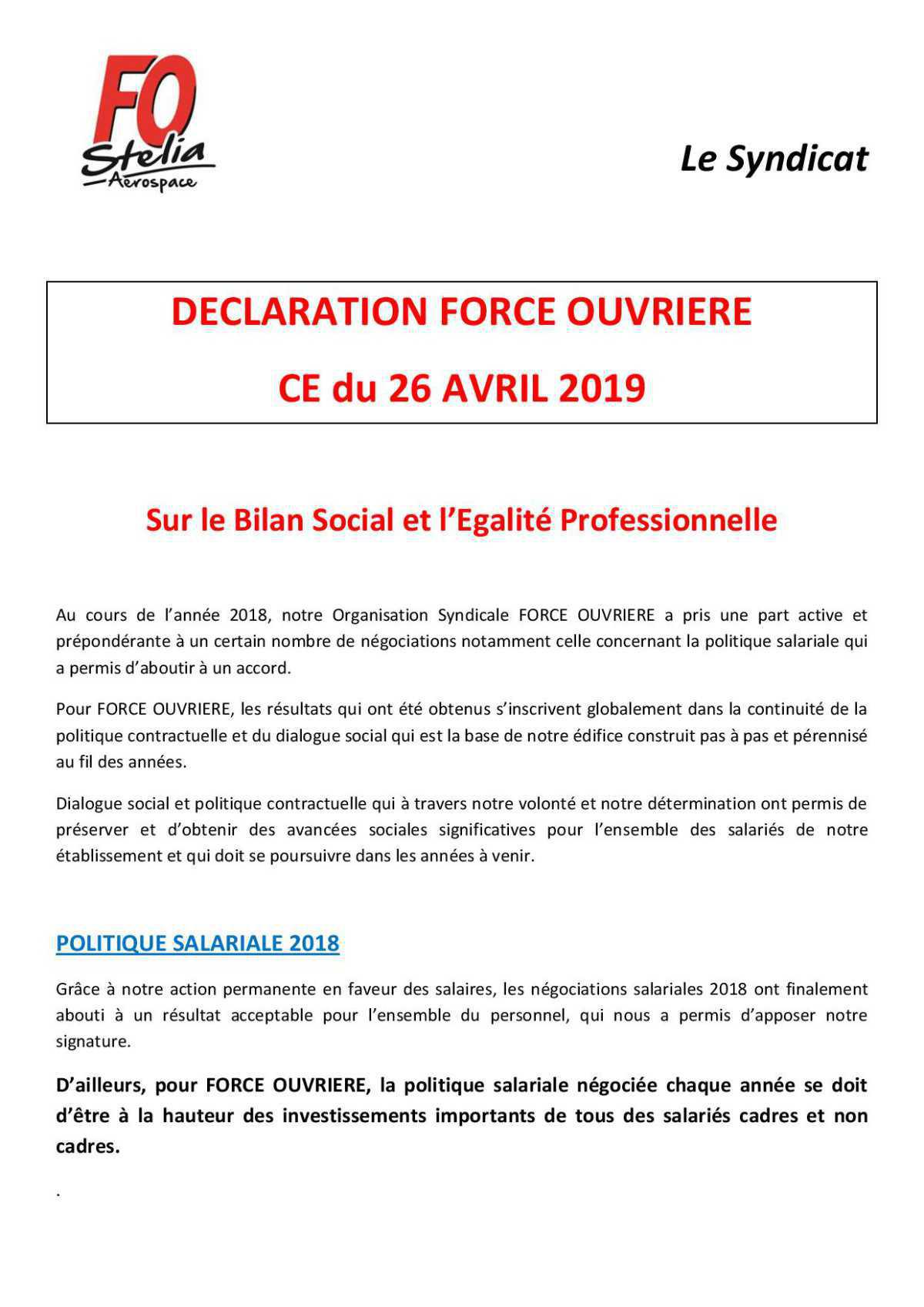 Déclaration FO au CE du 26 avril 2019