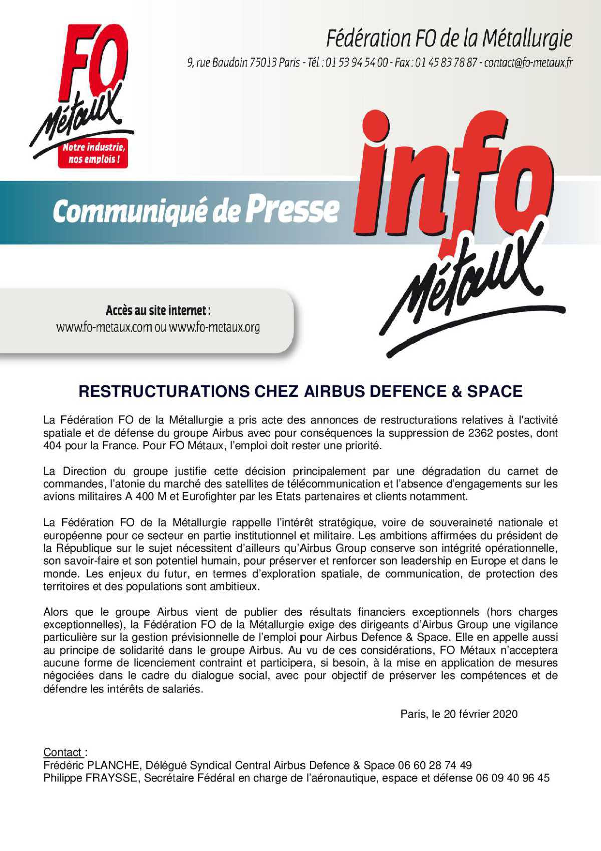 FO METAUX COMMUNIQUE DE PRESSE AIRBUS GROUP 20.02.2020