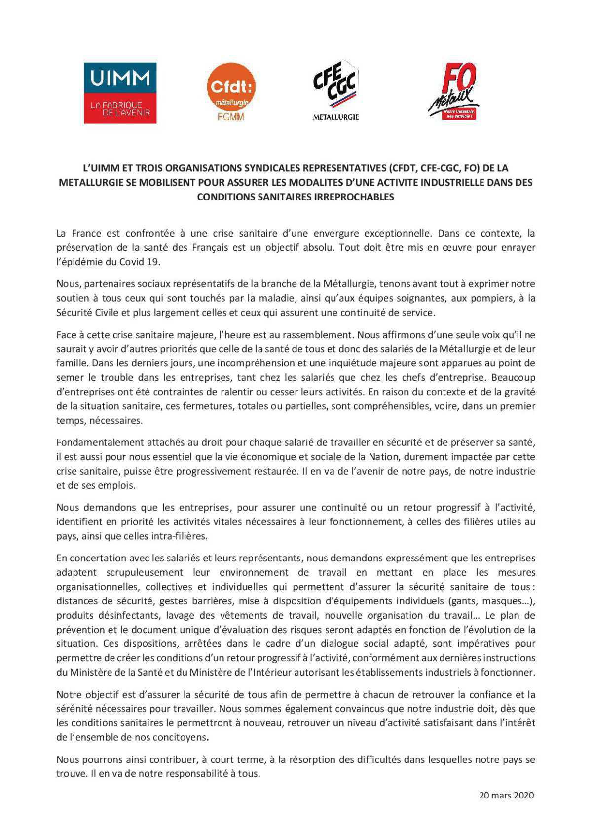 DECLARATION DE L’UIMM ET DES TROIS ORGANISATIONS SYNDICALES REPRESENTATIVES