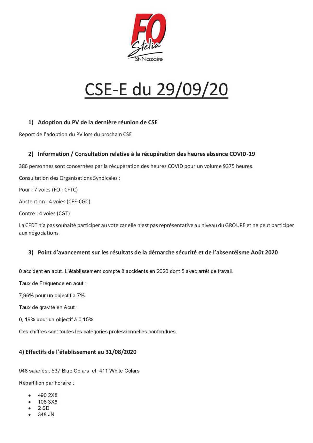 Compte rendu Succinct du CSE du 29/09