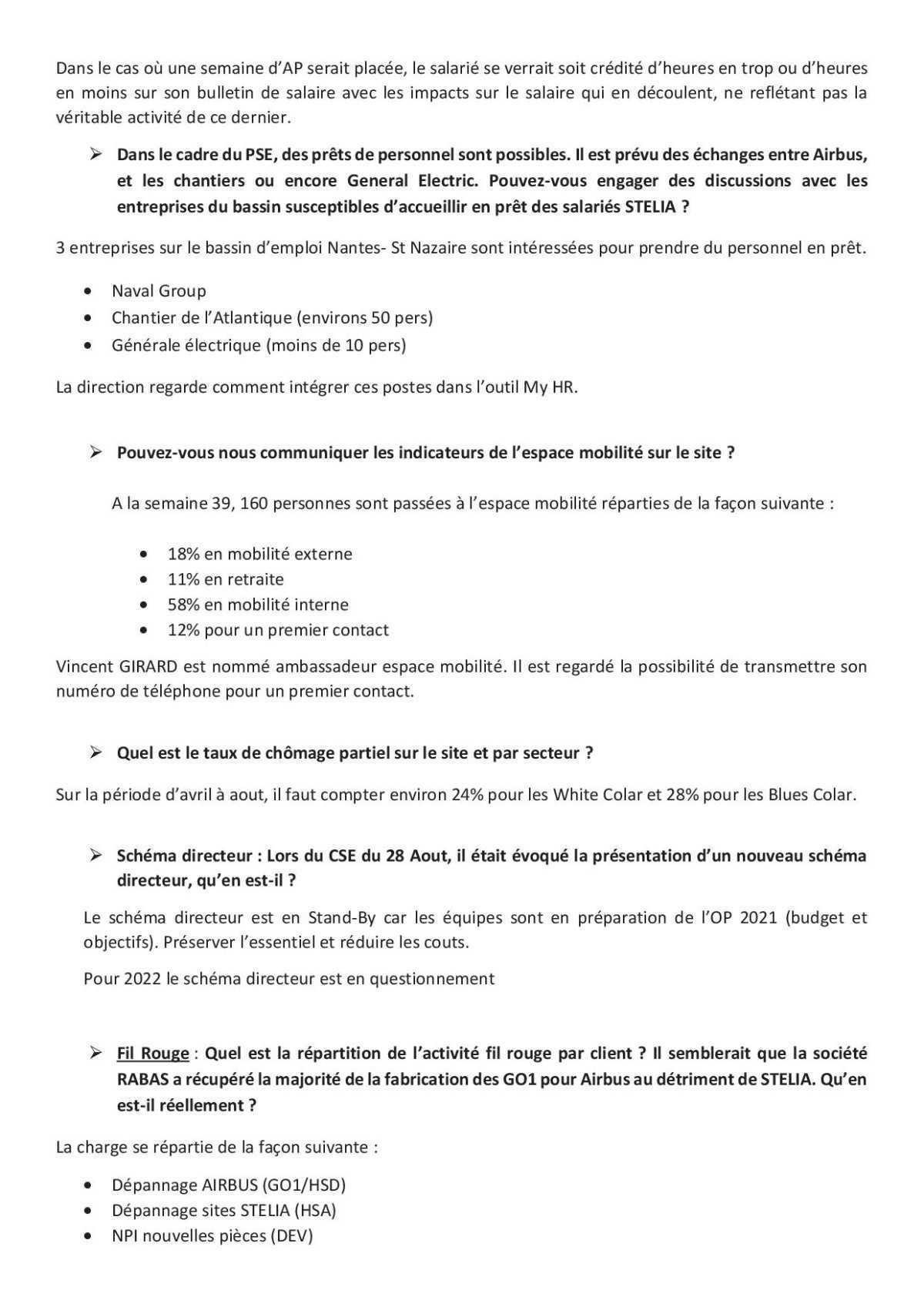 Compte rendu Succinct du CSE du 29/09