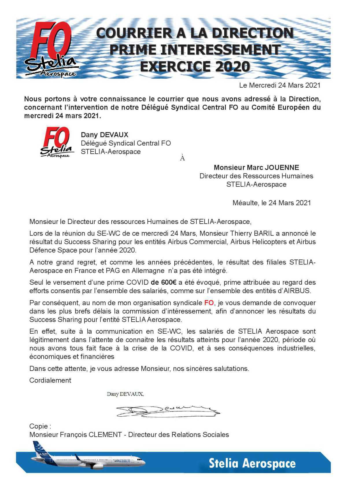 Courrier a la direction - prime intéressement 2020