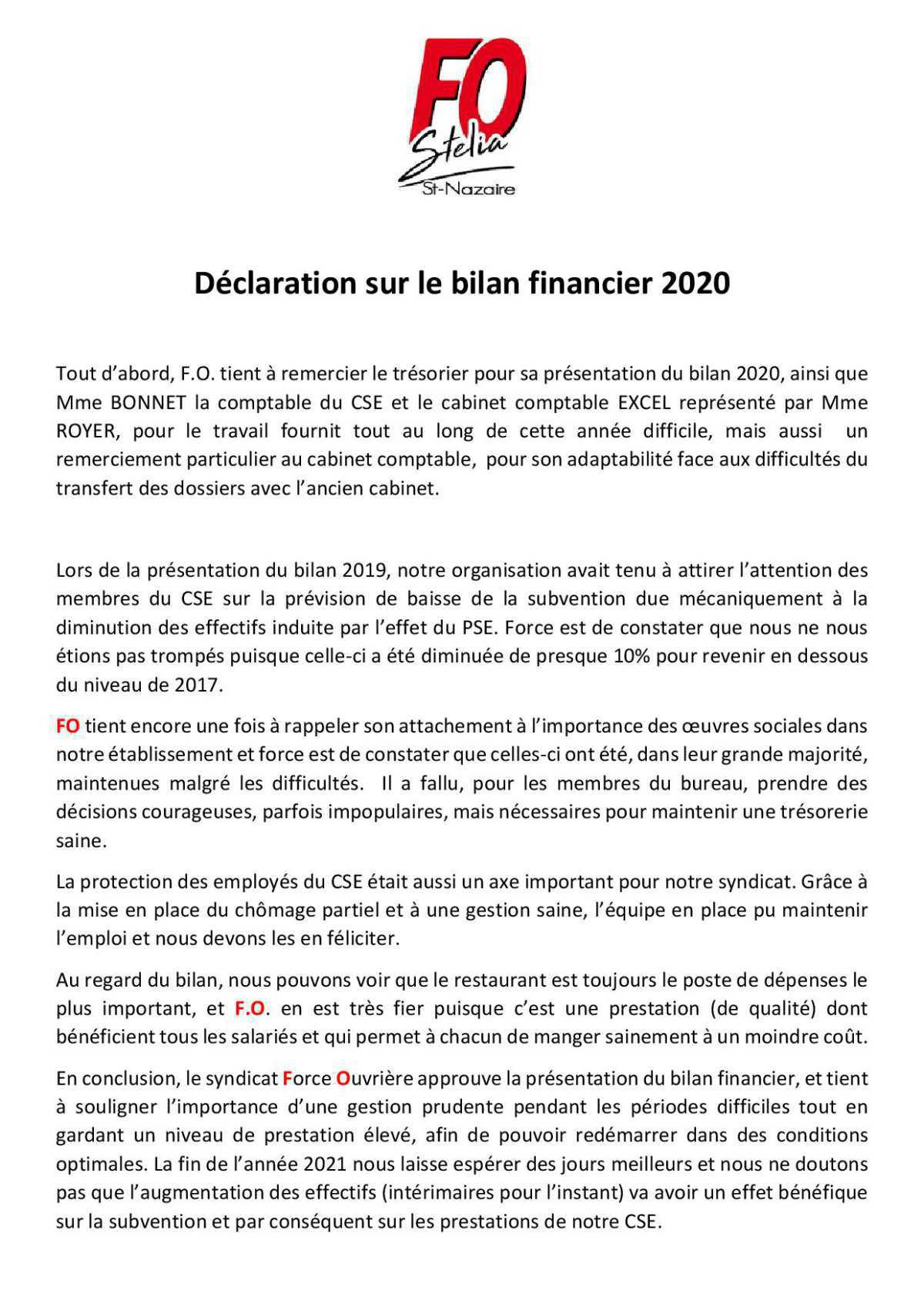 DECLARATION SUR LE BILAN FINANCIER 2020