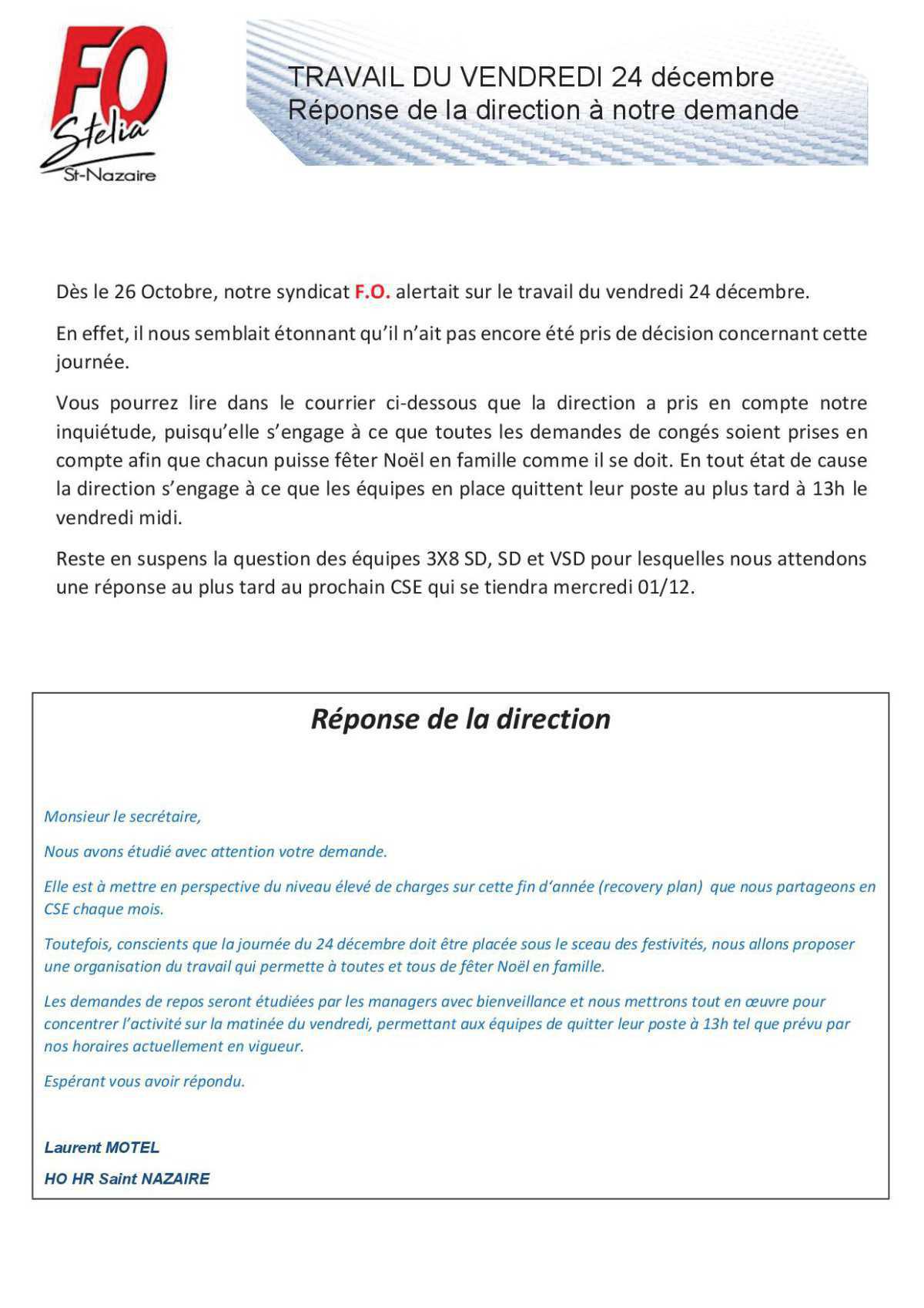 Travail du 24 Décembre, réponse de la direction