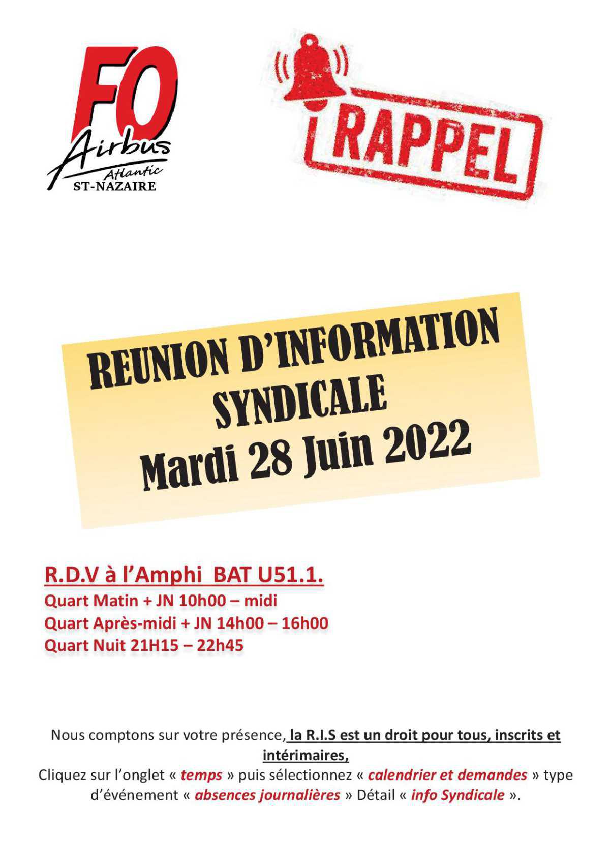 Rappel ,la Réunion d'Info syndicale F.O. c'est demain !!!