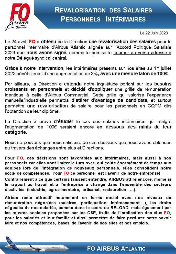 REVALORISATION DES SALAIRES PERSONNELS INTERIMAIRES