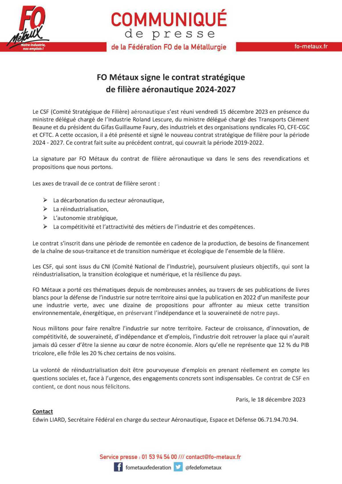 FO Métaux signe le contrat stratégique de la filière aéronautique 2024-2027