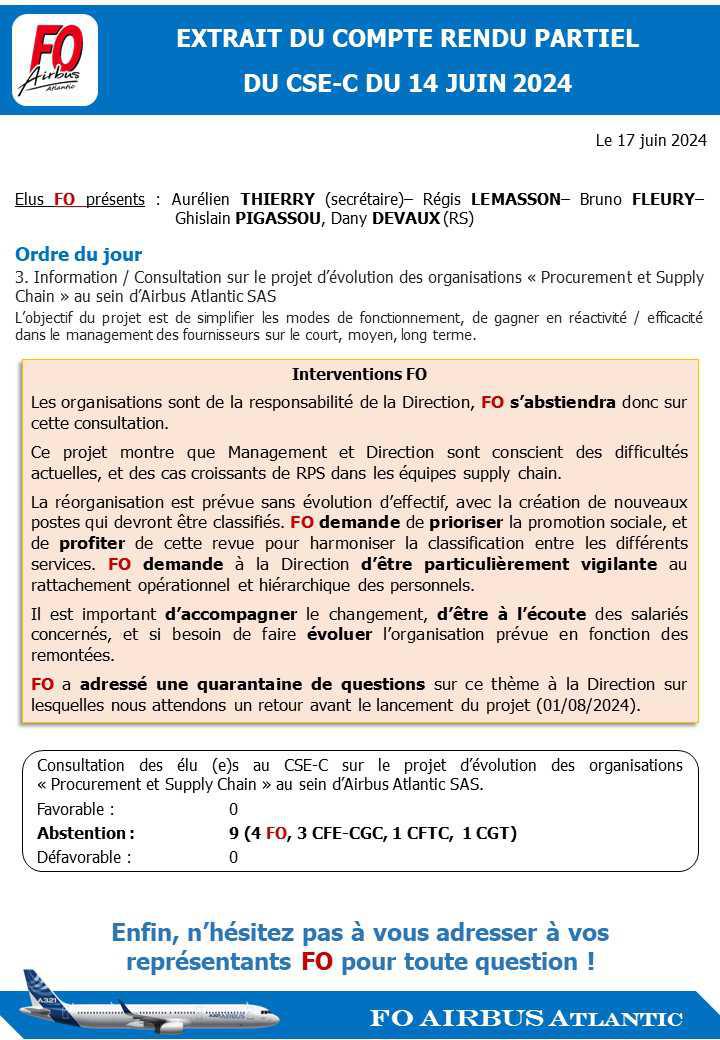 . Information / Consultation sur le projet d’évolution des organisations « Procurement et Supply Chain » au sein d’Airbus Atlantic SAS