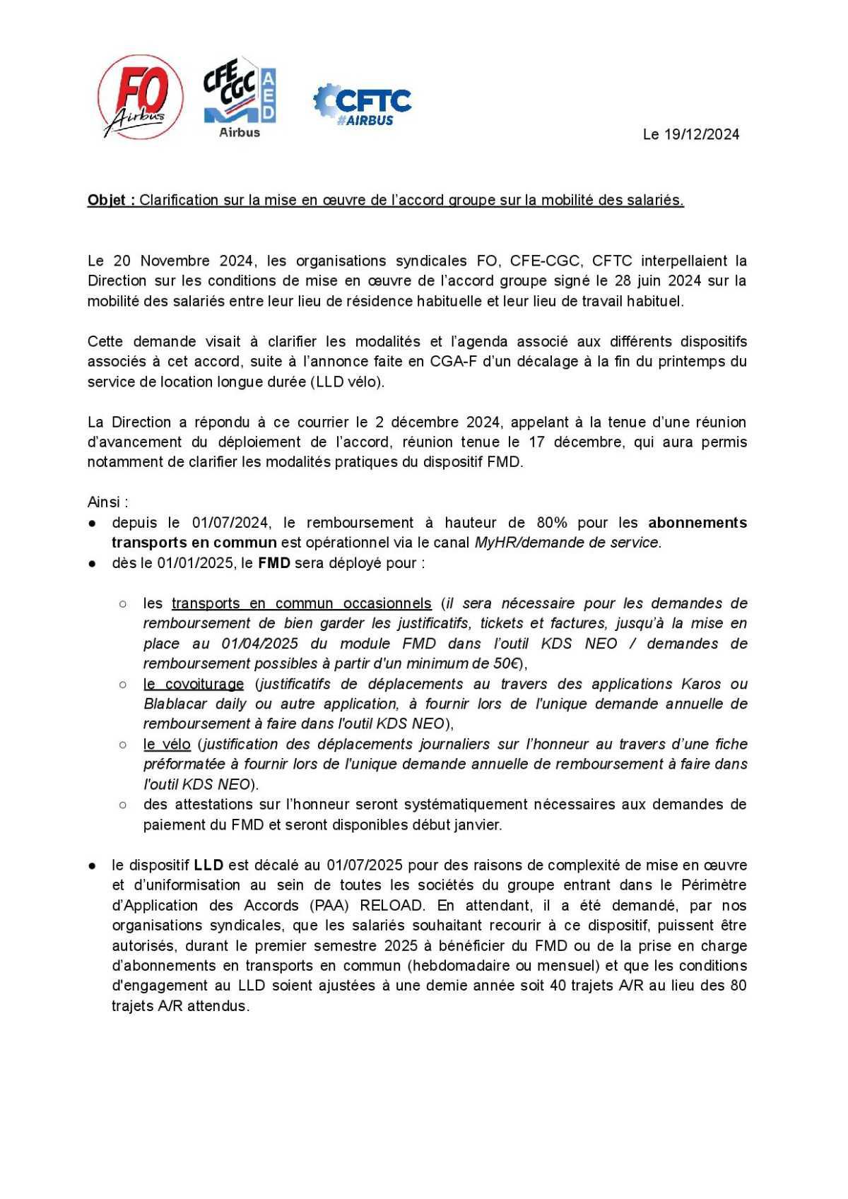 Objet : Clarification sur la mise en oeuvre de l’accord groupe sur la mobilité des salariés