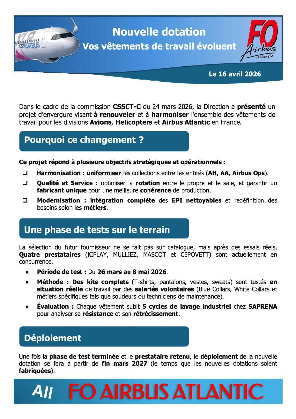 Nouvelle Dotation de vêtements de travail