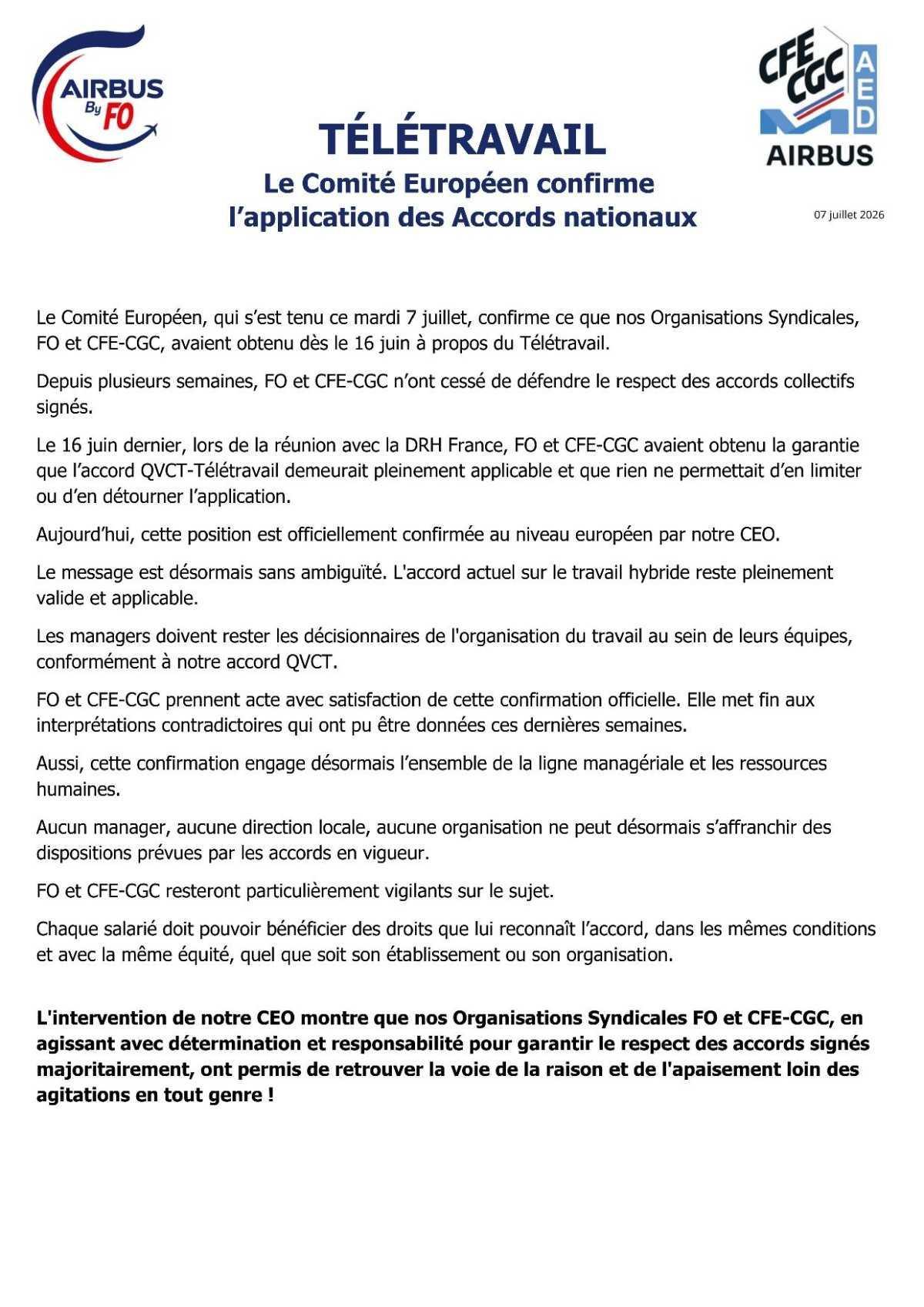 TÉLÉTRAVAIL Le Comité Européen confirme l’application des Accords nationaux