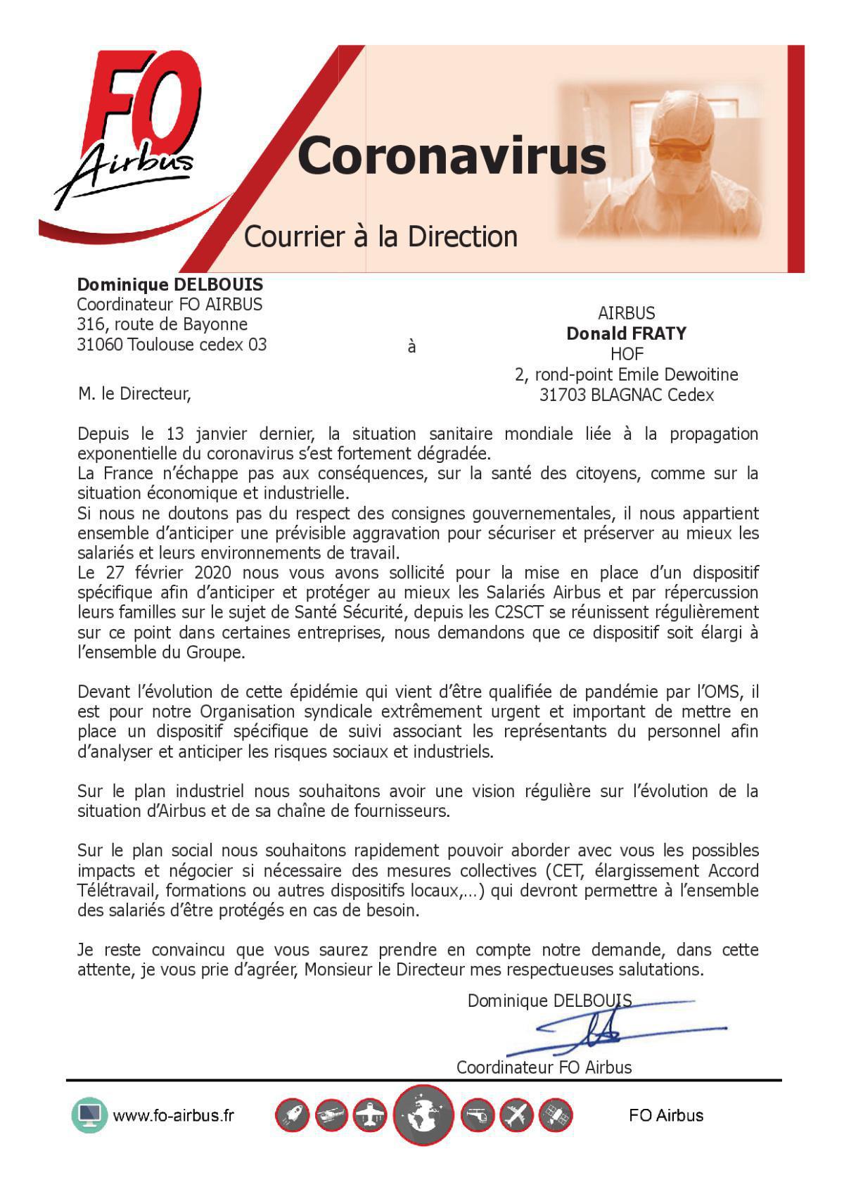 Coronavirus - Courrier à la Direction