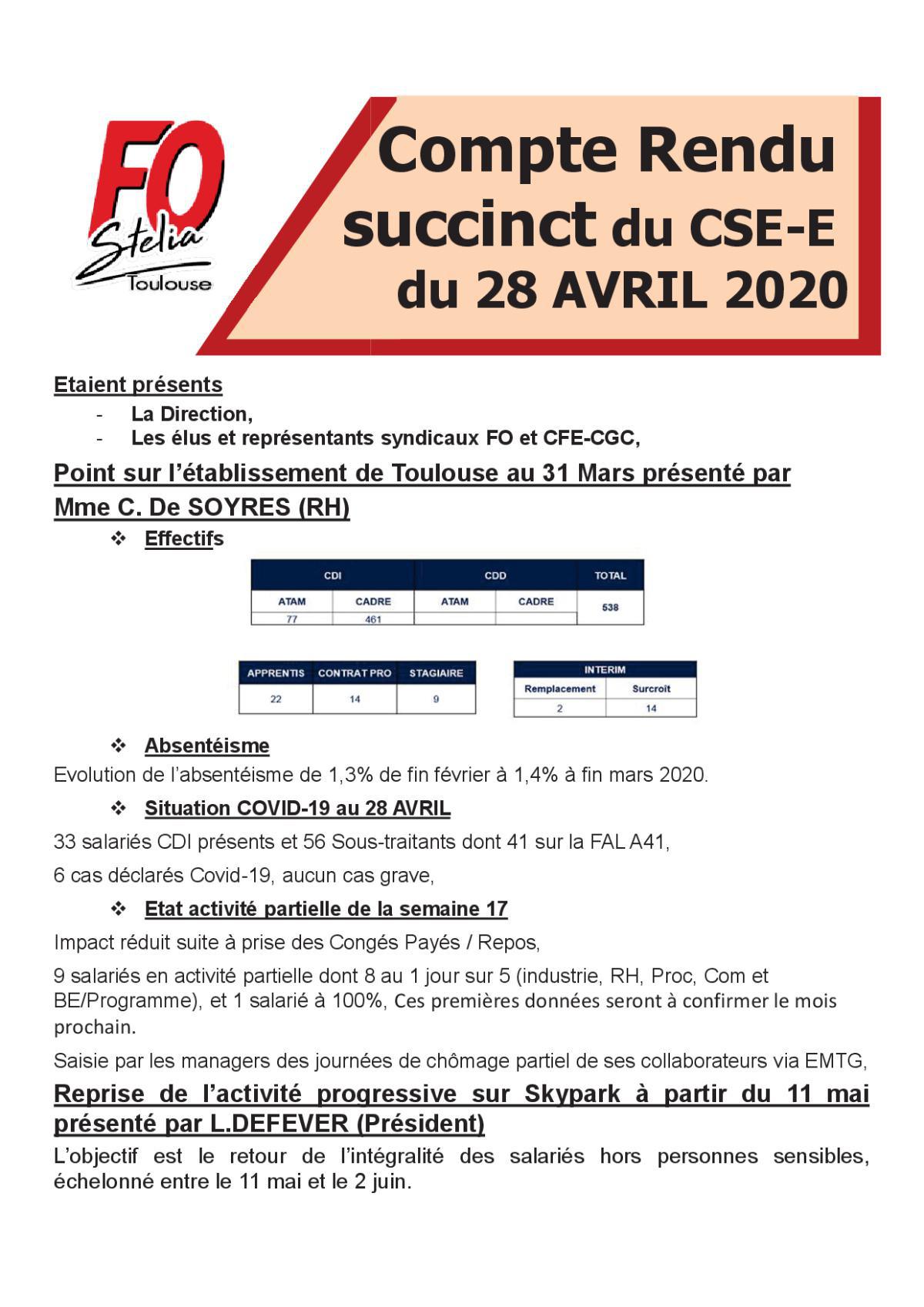Flash Info : CR succinct du CSE-E du 28 avril 2020