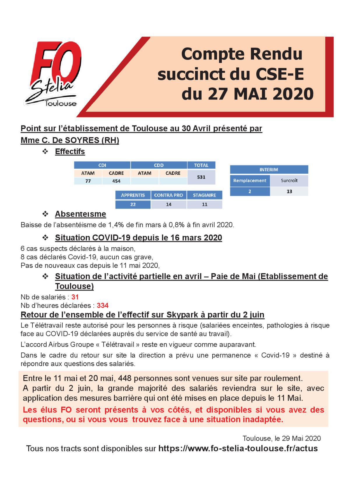 Flash Info : CR succinct du CSE-E du 27 mai 2020 