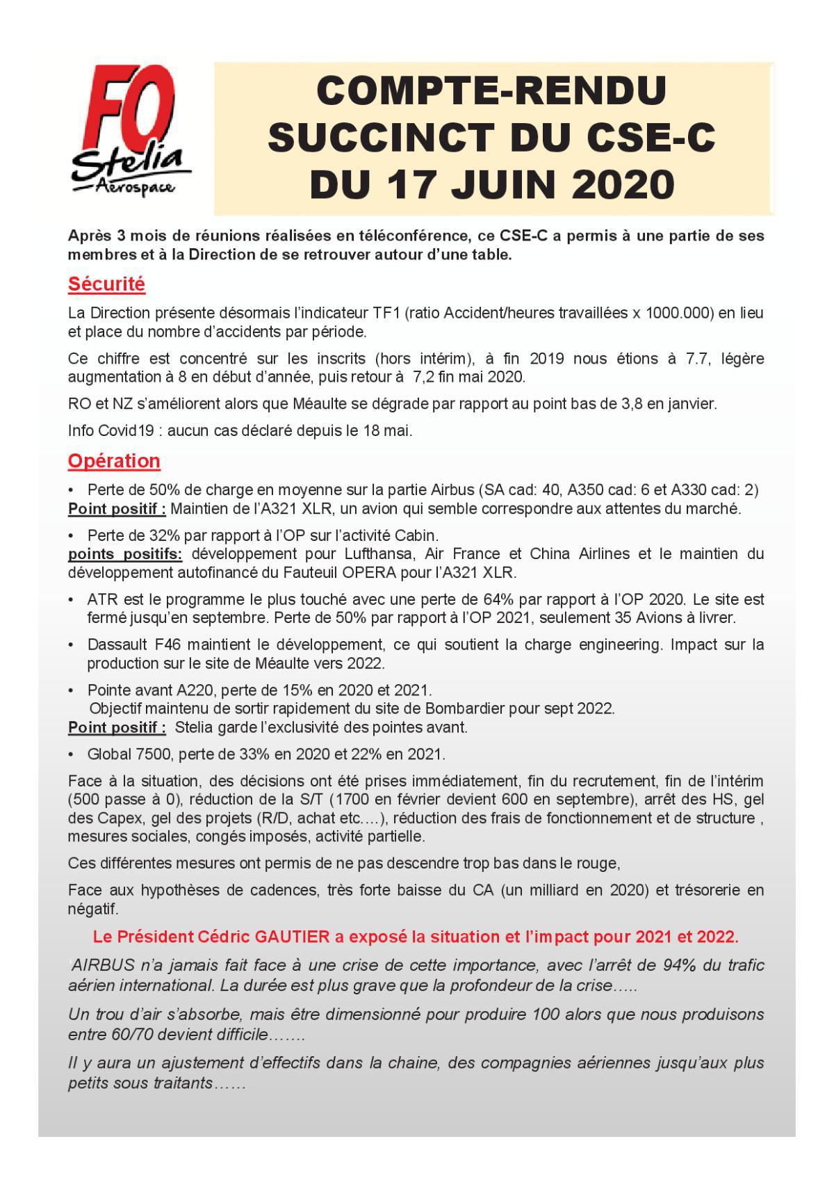 Flash Info : CR succinct du CSE-C du 17 juin 2020