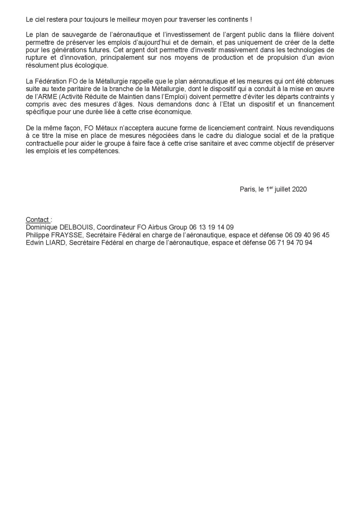 Communiqué de presse : Airbus 14931 suppressions d'emplois - Pour FO Métaux C'EST NON !!! 