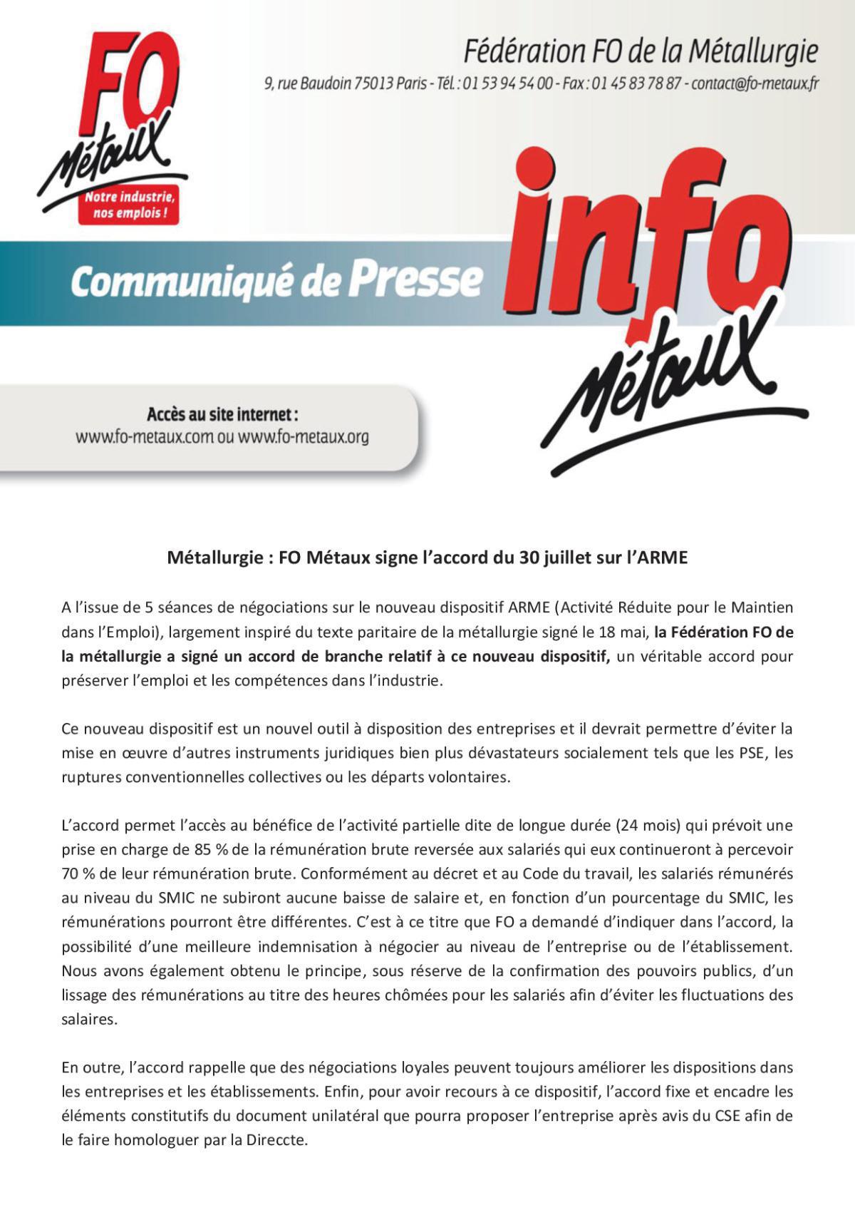 FO Métaux signe l'accord du 30 juillet sur l'ARME (APLD) »