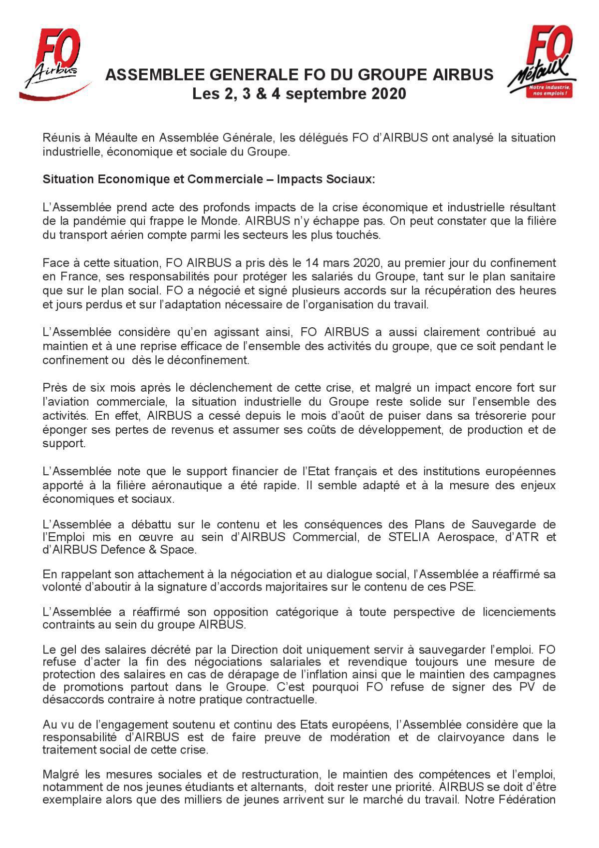 Motion - Assemblée Générale FO du Groupe Airbus à Méaulte