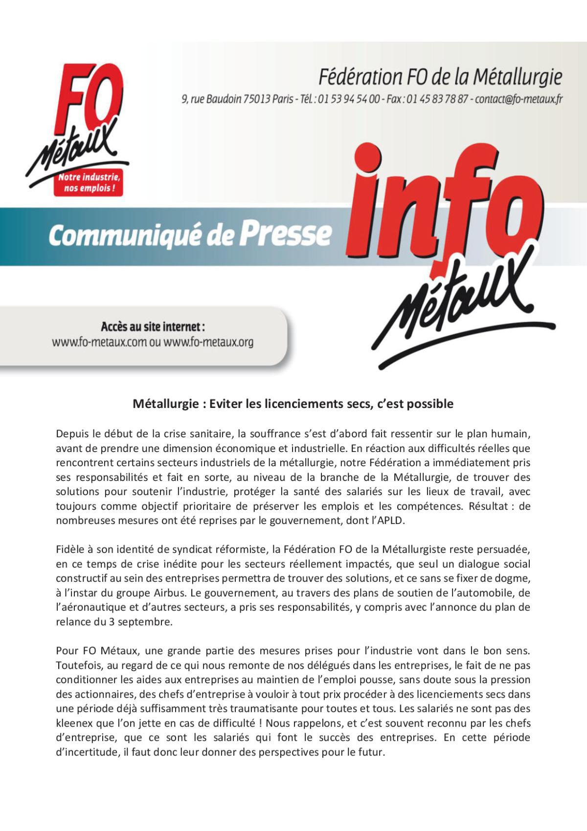 Info métaux : Communiqué de presse - Fédération FO de la Métallurgie : Eviter les licenciements secs, c'est possible 