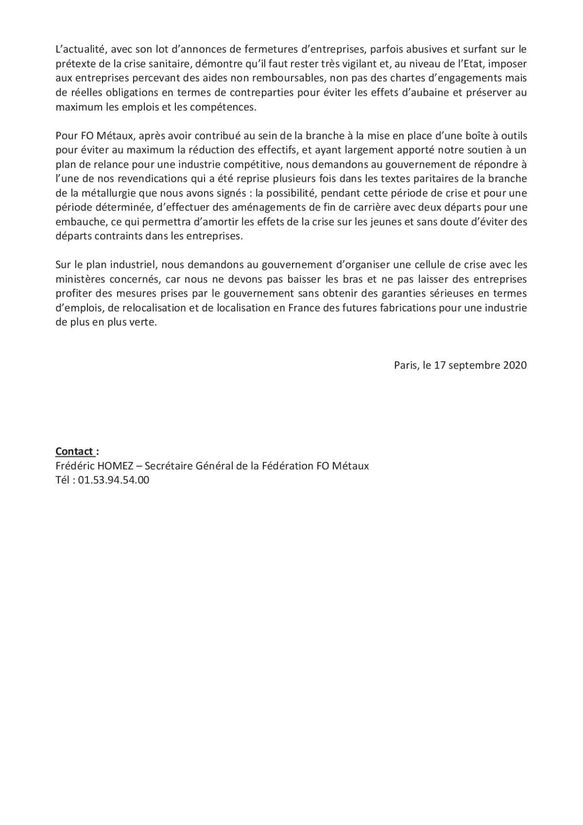 Info métaux : Communiqué de presse - Fédération FO de la Métallurgie : Eviter les licenciements secs, c'est possible 