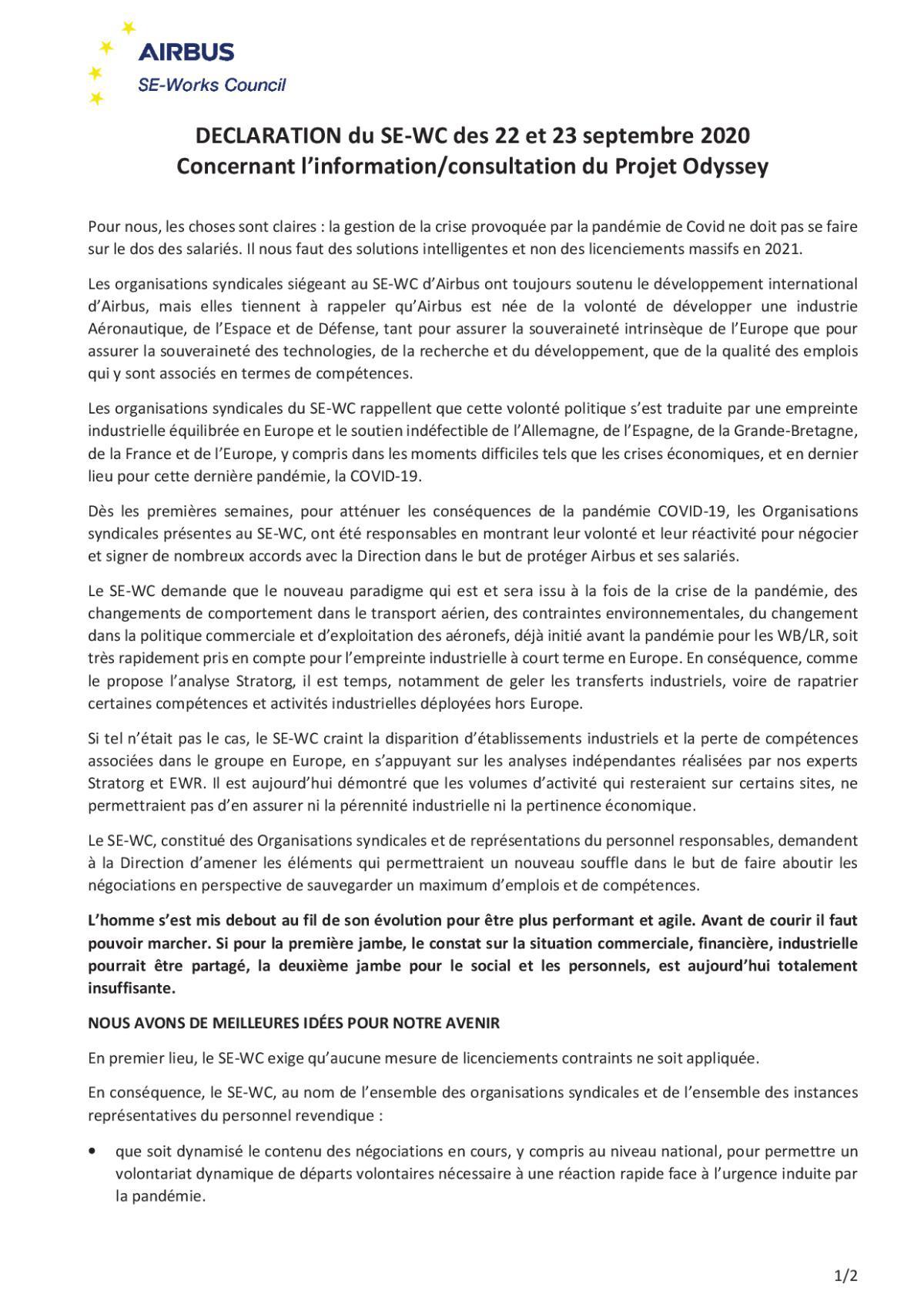 Déclaration du SE-WC des 22 et 23 septembre 2020 - Concernant l’information/consultation du Projet Odyssey 