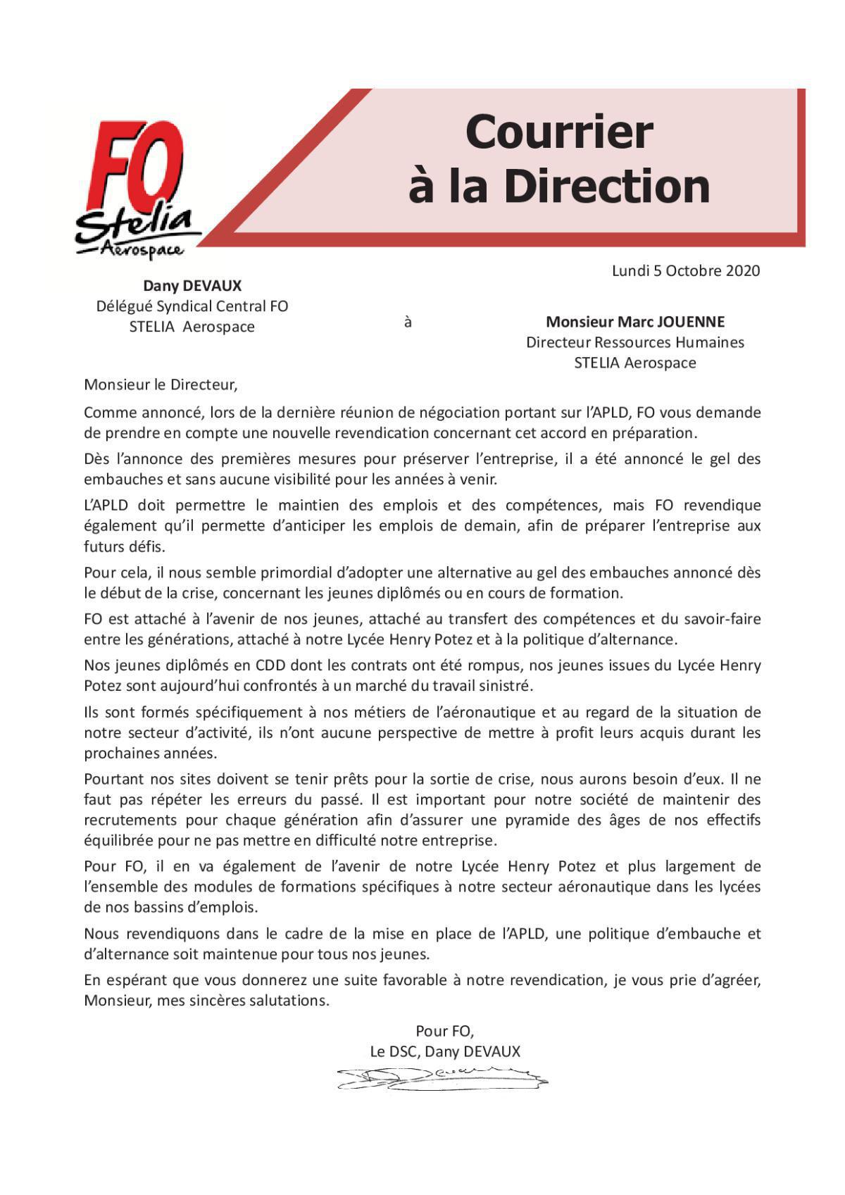 Courrier à la Direction : Monsieur Marc JOUENNE (Directeur Ressources Humaines) STELIA