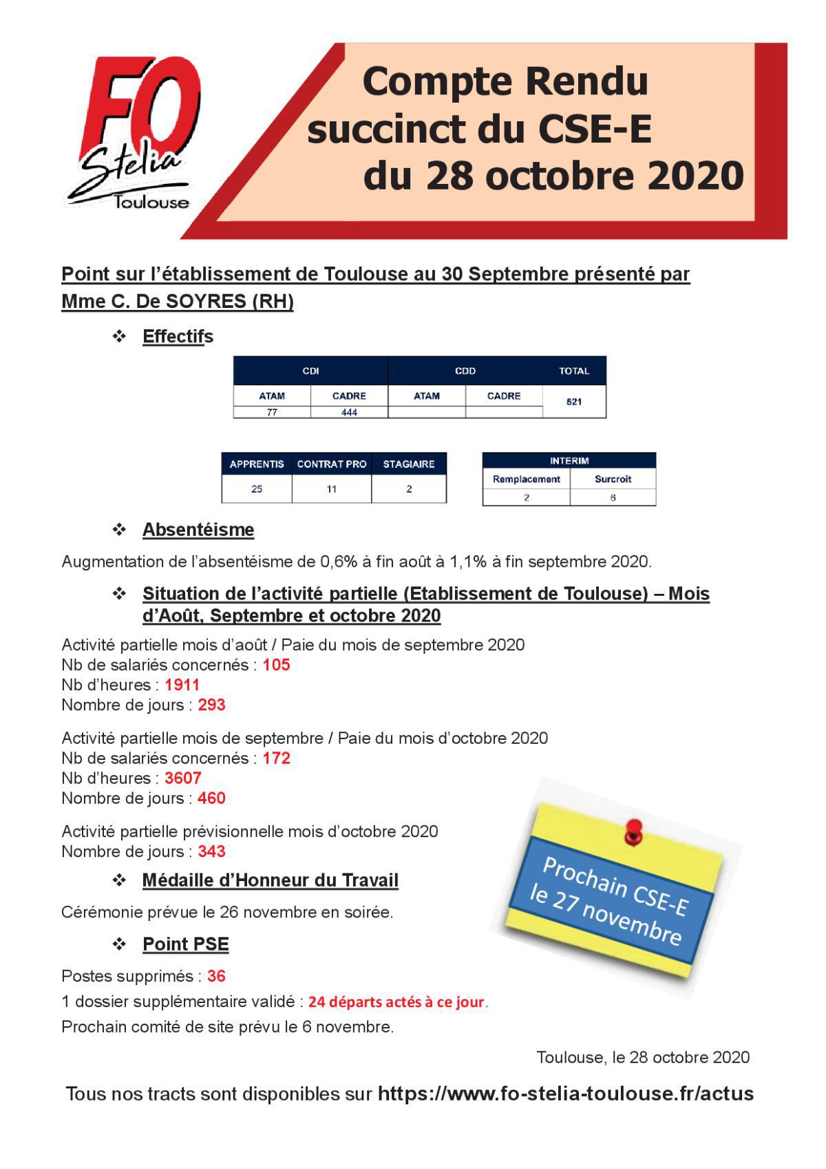 Flash Info : CR succinct du CSE-E du 28 octobre 2020