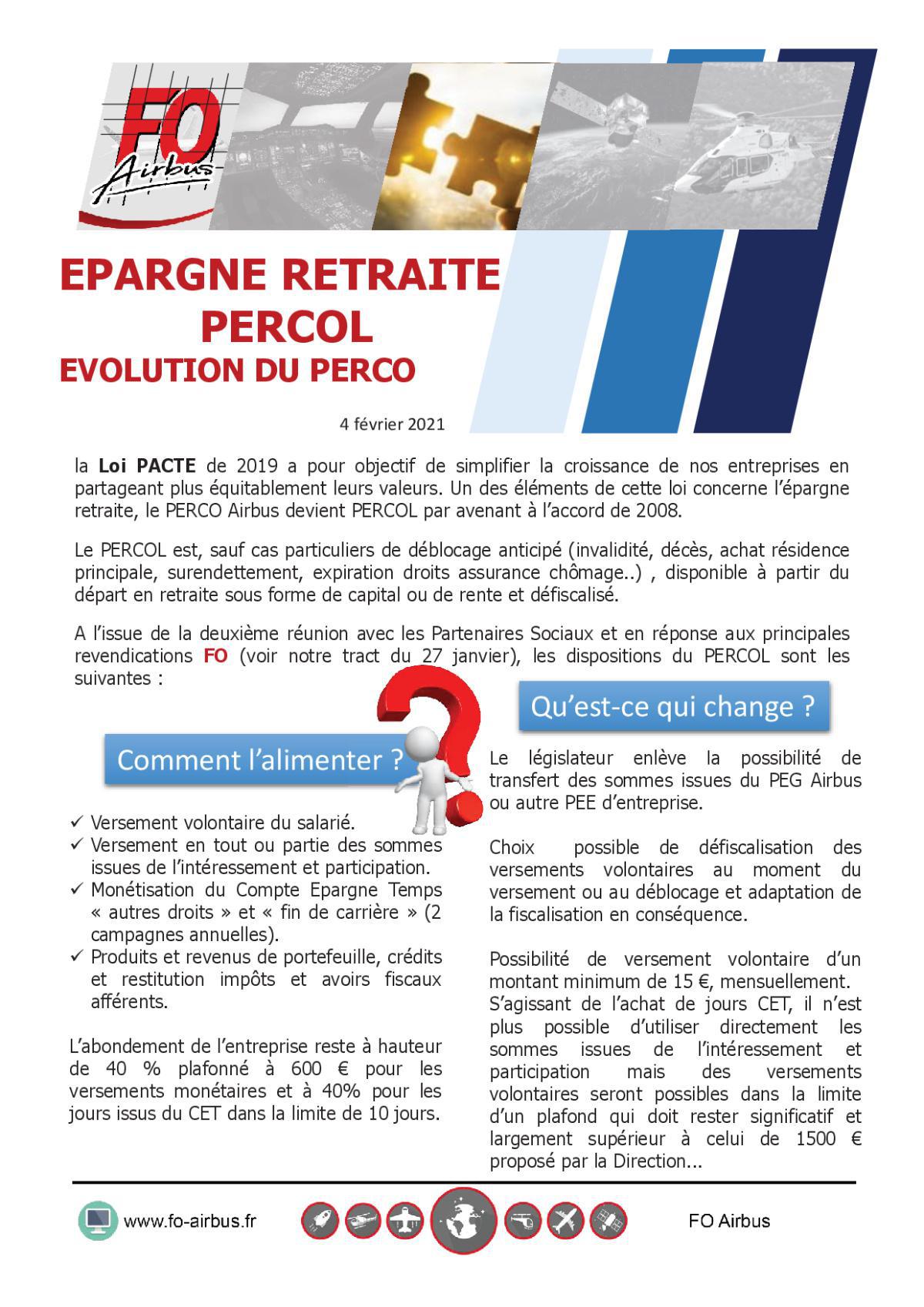 Epargne Retraite PERCOL – Evolution du PERCO - 2ième Réunion