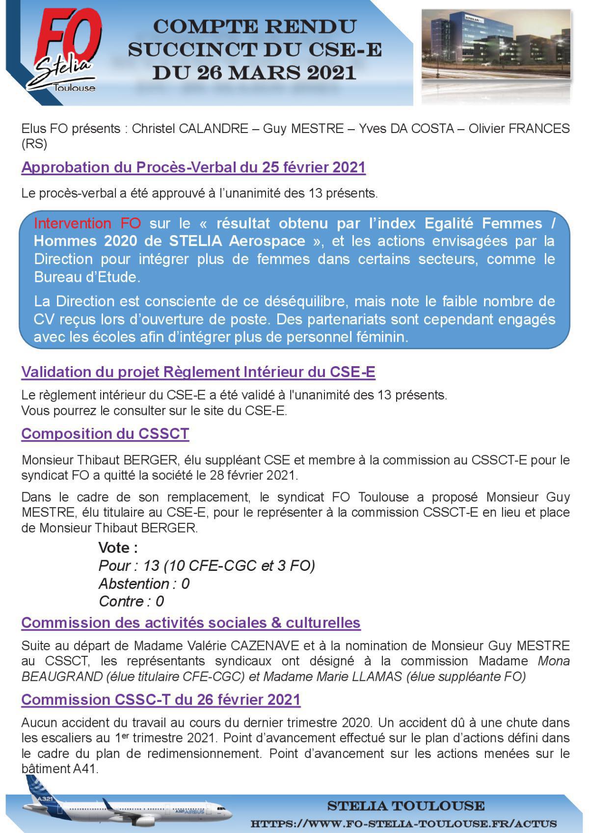 Flash Info : CR succinct du CSE-E du 26 mars 2021