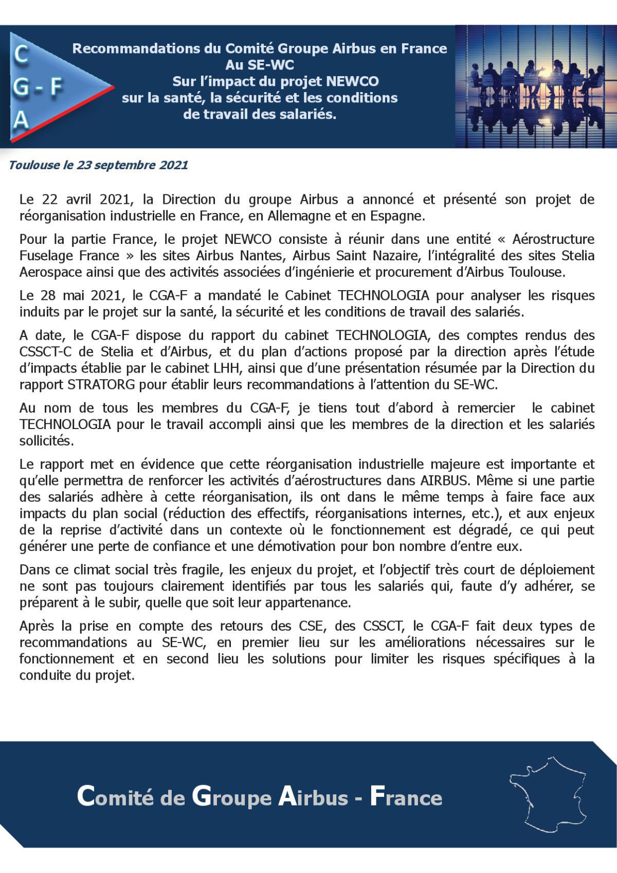 Comité Groupe Airbus France - Recommandations du CGA-F vers le SE-WC