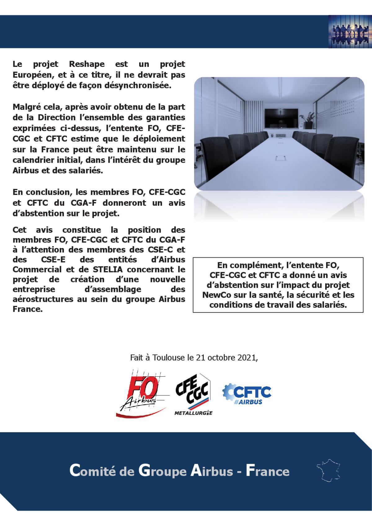 Déclaration de l’entente FO, CFE-CGC et CFTC du CGA-F « Projet RESHAPE » 