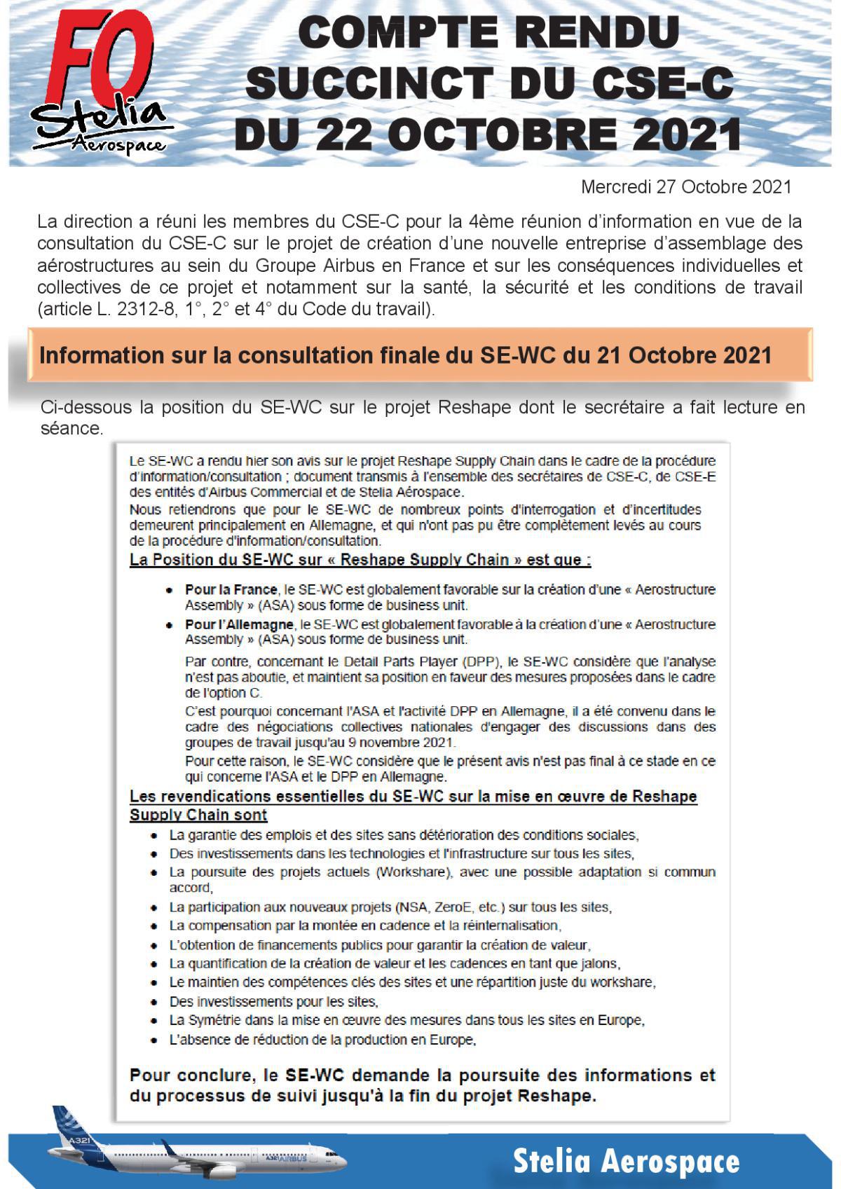Compte Rendu succinct CSE-C du 22 octobre 2021 