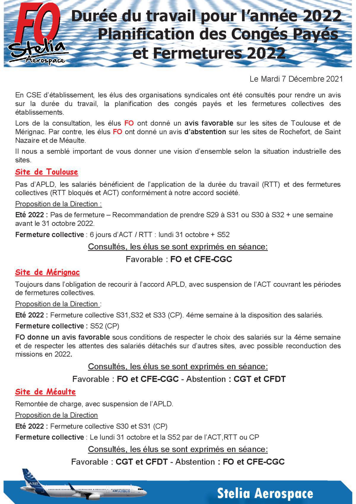 Durée du travail en 2022, Planification des congés payés et Fermetures 2022