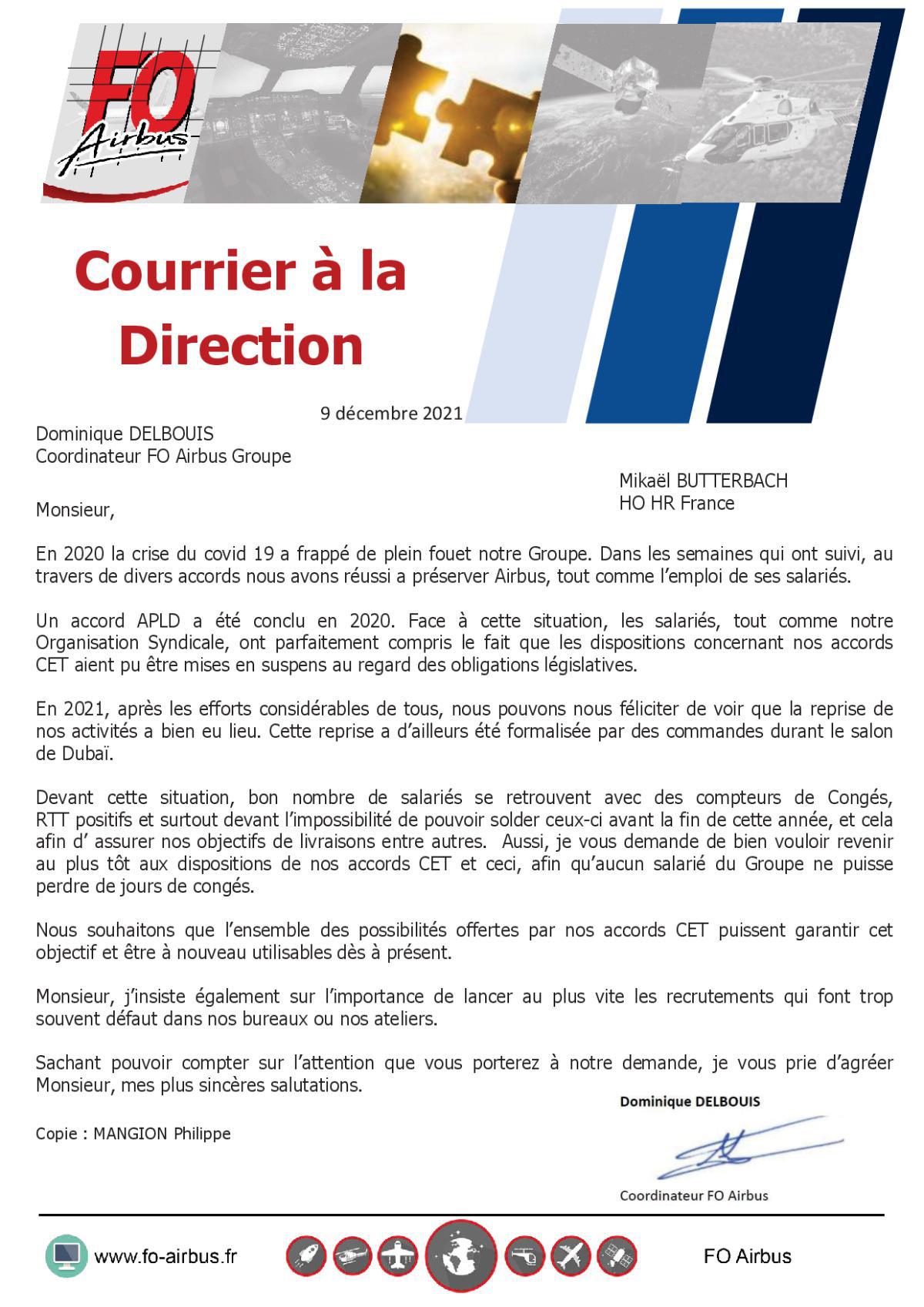 Courrier FO envoyé à la direction d’Airbus « Monsieur Mikaël BUTTERBACH – HO HR France 