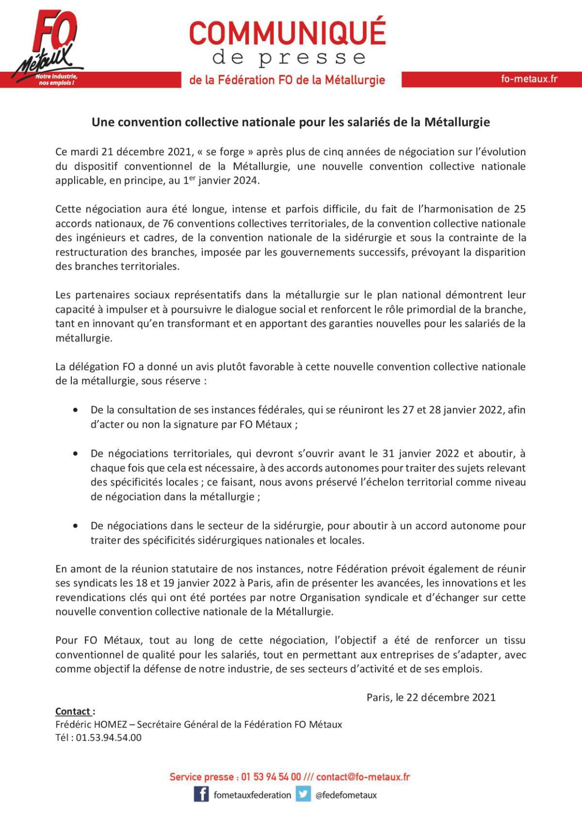 Communiqué de presse "Une convention collective nationale pour les salariés de la Métallurgie"
