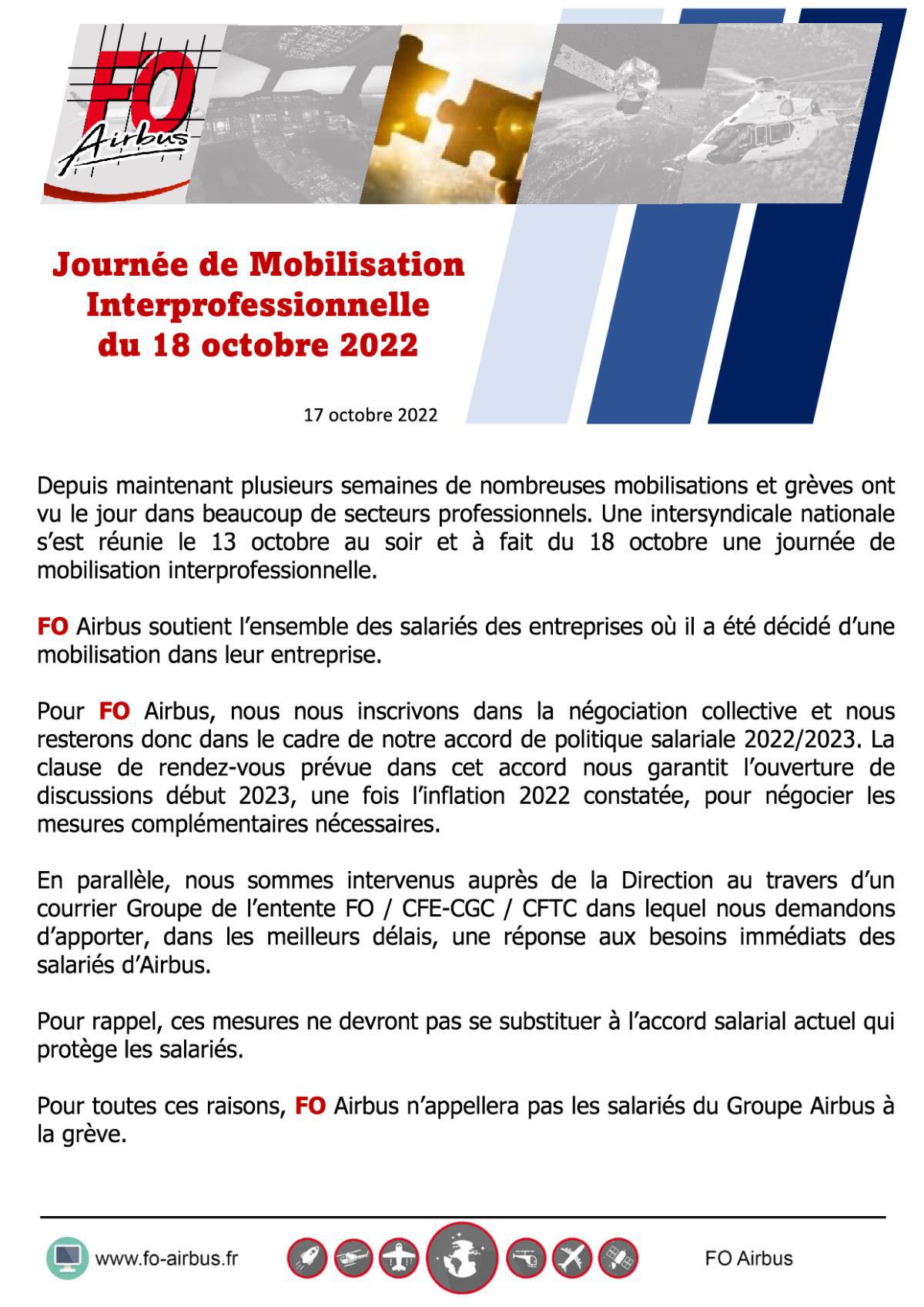Info : Journée de Mobilisation Interprofessionnelle du 18 octobre 2022